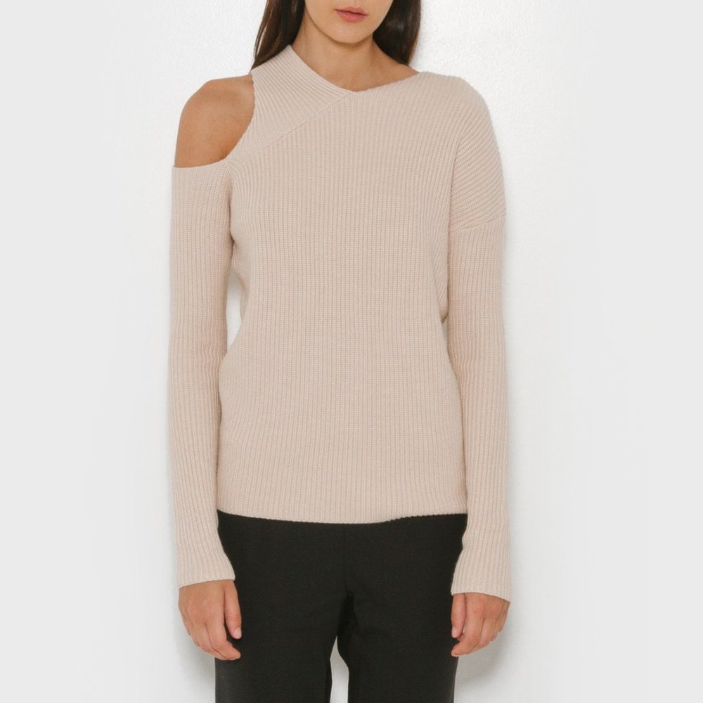 Nomia beige cut out asymmetrical knit sweater